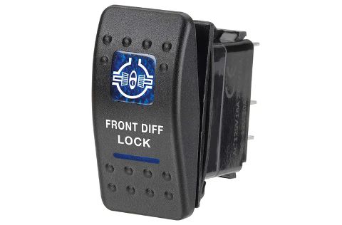 12 Volt Illuminated Off/On Sealed Rocker Switch with "Front Diff Lock" Symbol (Blue)